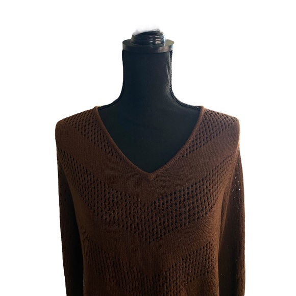 Fringed BoHo Y2K V-neck asymmetrical chevron knitted stripe brown sweater - Picture 2 of 10